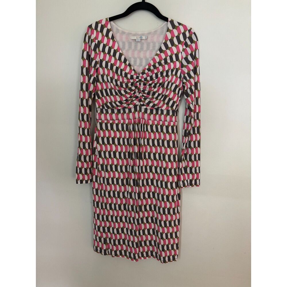 Boden Women's SZ 8R Geometric Dress100% Lyocell Ruched Bodice Long Sleeve Lined
